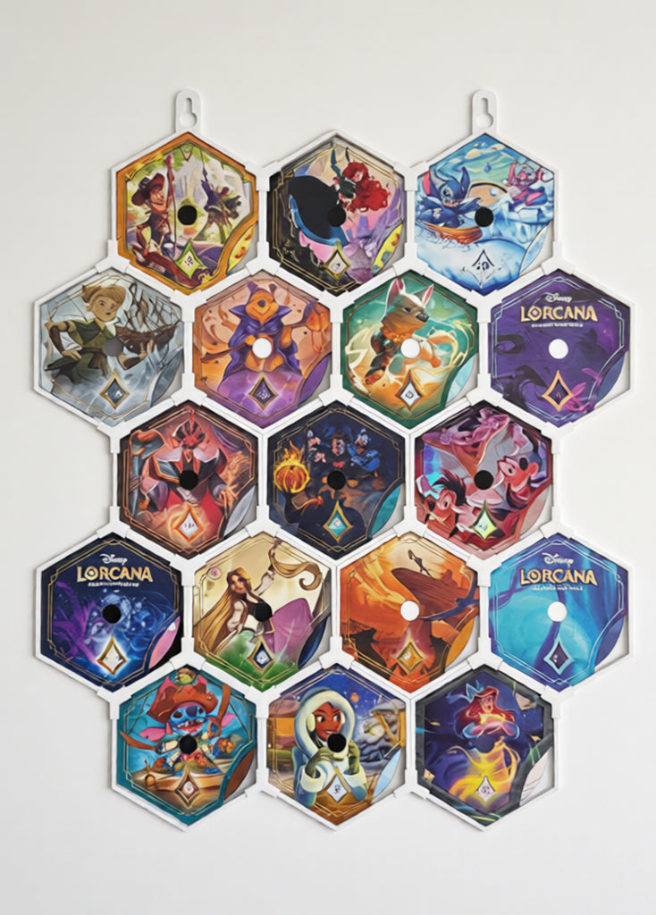 Modular white hex counter grid frames mounted on a wall
